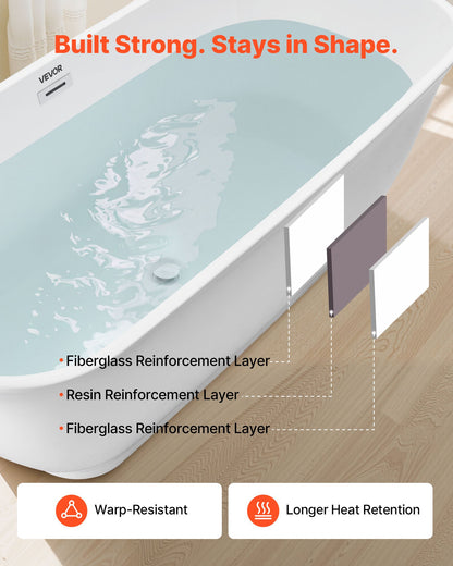 Acrylic Freestanding Bathtub, 67 Inch Contemporary Soaking White Tub with Polished Chrome Overflow and Drain, Elegant Oval Shape Stand Alone Soaker Tub for Modern Bathroom or Remodel Projects