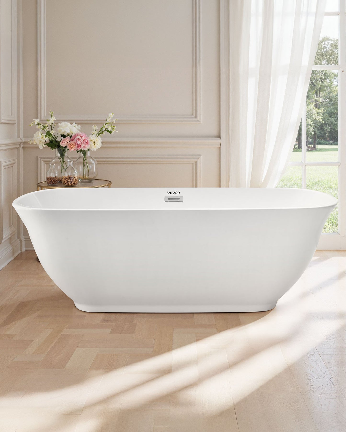 Acrylic Freestanding Bathtub, 67 Inch Contemporary Soaking White Tub with Polished Chrome Overflow and Drain, Elegant Oval Shape Stand Alone Soaker Tub for Modern Bathroom or Remodel Projects