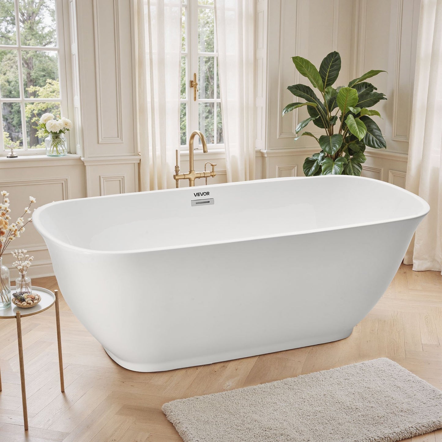 Acrylic Freestanding Bathtub, 67 Inch Contemporary Soaking White Tub with Polished Chrome Overflow and Drain, Elegant Oval Shape Stand Alone Soaker Tub for Modern Bathroom or Remodel Projects
