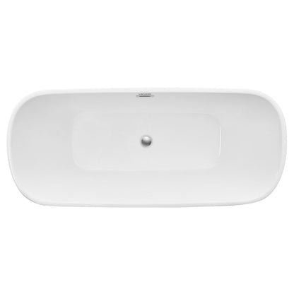 Acrylic Freestanding Bathtub, 67 Inch Contemporary Soaking White Tub with Polished Chrome Overflow and Drain, Elegant Oval Shape Stand Alone Soaker Tub for Modern Bathroom or Remodel Projects