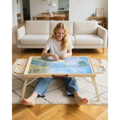 1500-bitars pusselbräde med fällbara ben, bärbart trästicksåg, 86x63cm