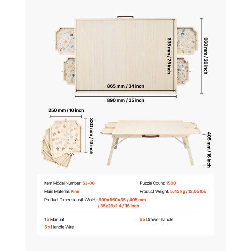 1500-bitars pusselbräde med fällbara ben, bärbart trästicksåg, 86x63cm