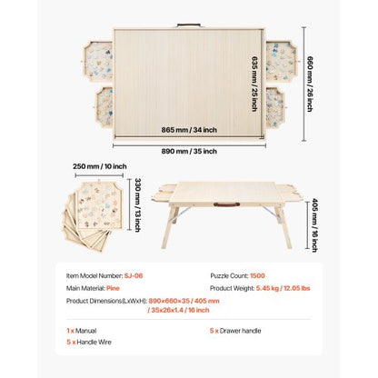 1500-bitars pusselbräde med fällbara ben, bärbart trästicksåg, 86x63cm