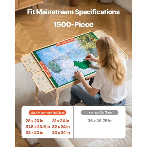 1500-bitars pusselbräde med fällbara ben, bärbart trästicksåg, 86x63cm