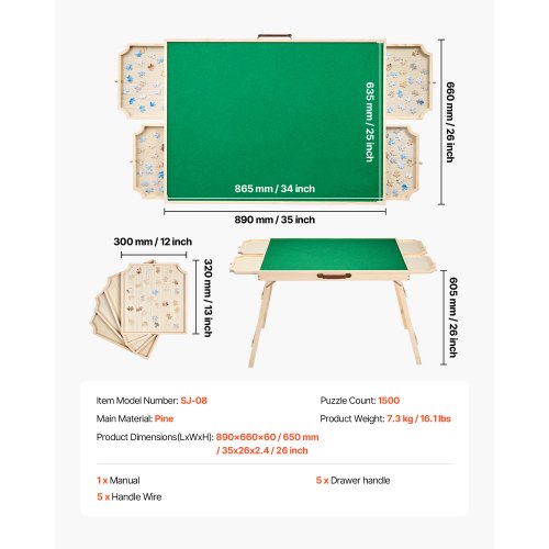 1500-bitars pusselbräde med fällbara ben, bärbart trästicksåg, 86x63cm
