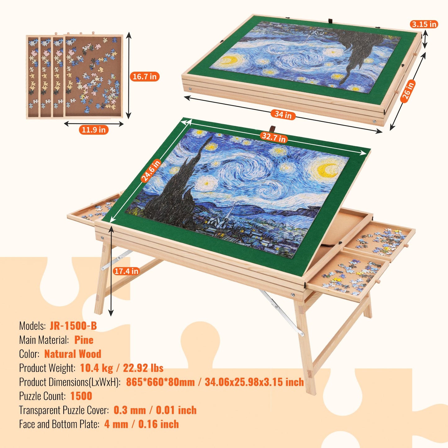 1500 Piece Puzzle Table with Folding Legs, 4 Drawers and Cover, 32.7"x24.6" Wooden Jigsaw Puzzle Plateau, Adjustable 3-Tilting-Angle Puzzle Board, Puzzle Storage System for Adults, Gift for Mom