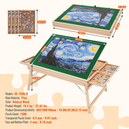 1500 Piece Puzzle Table with Folding Legs, 4 Drawers and Cover, 32.7"x24.6" Wooden Jigsaw Puzzle Plateau, Adjustable 3-Tilting-Angle Puzzle Board, Puzzle Storage System for Adults, Gift for Mom