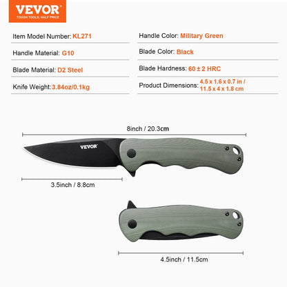 Folding Pocket Knife, 3.5 in/8.8 cm D2 Steel Blade, G10 Handle Small EDC Knife with Pocket Clip, Sharp Camping Survival Hiking Knife, 3.84 oz/0.1 kg Easy to Carry for Men Women Self Defense
