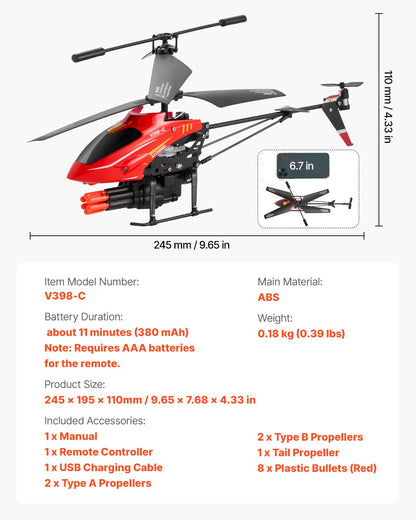 RC Helicopter, 2.4GHz Flying Remote Control Helicopter with Shooting Mode, 3.5 Channel RC Airplane for Kid, Altitude Hold, One-Key Takeoff/Landing & LED Lights, Toys for Kids Ages 14 and up