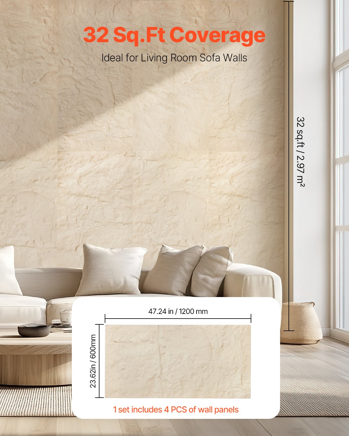 3D-Wandpaneele, 4er-Pack, 122 x 61 cm, PU-Steinoptik, 32 Quadratfuß Deckkraft, Steingelb