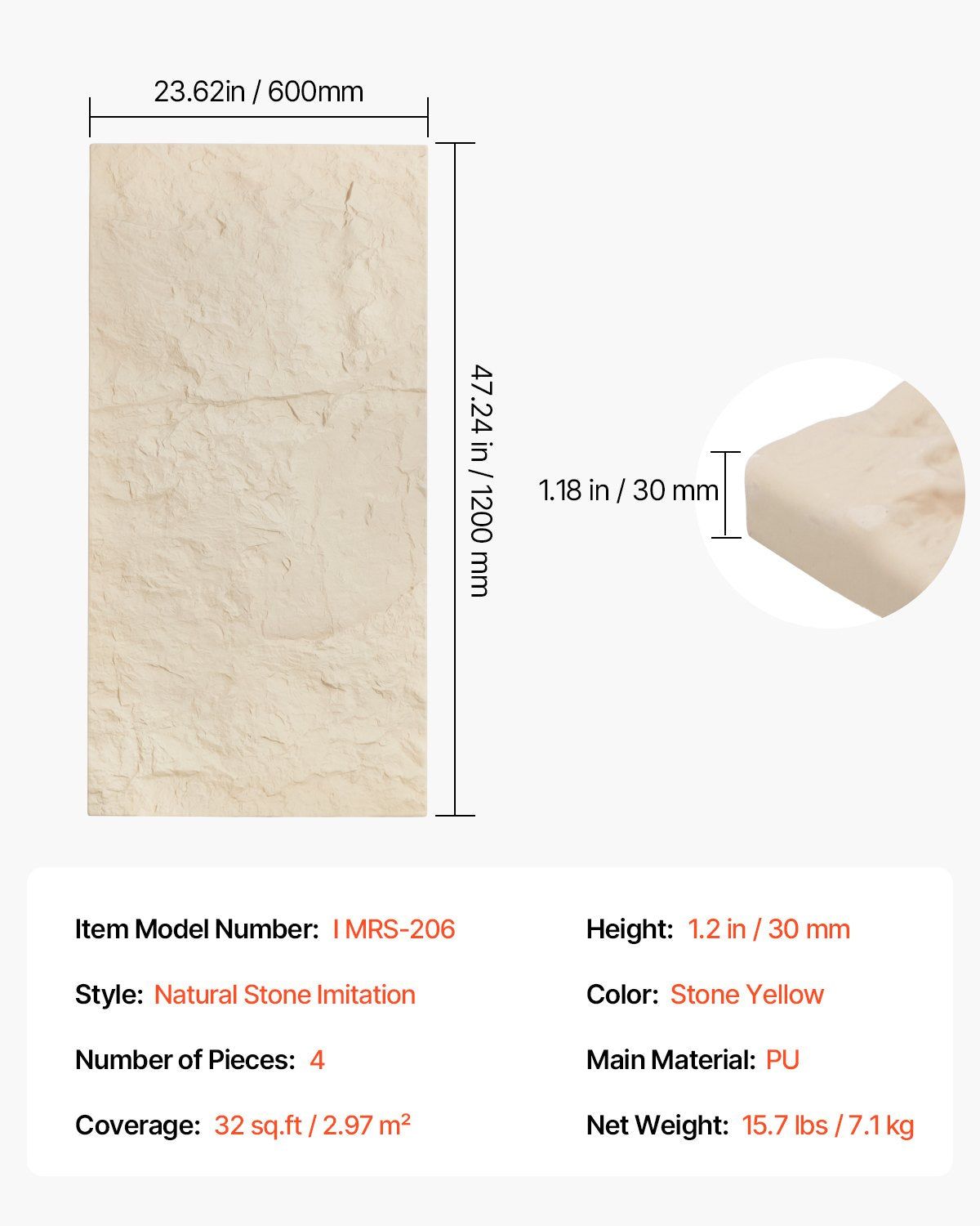 3D-Wandpaneele, 4er-Pack, 122 x 61 cm, PU-Steinoptik, 32 Quadratfuß Deckkraft, Steingelb