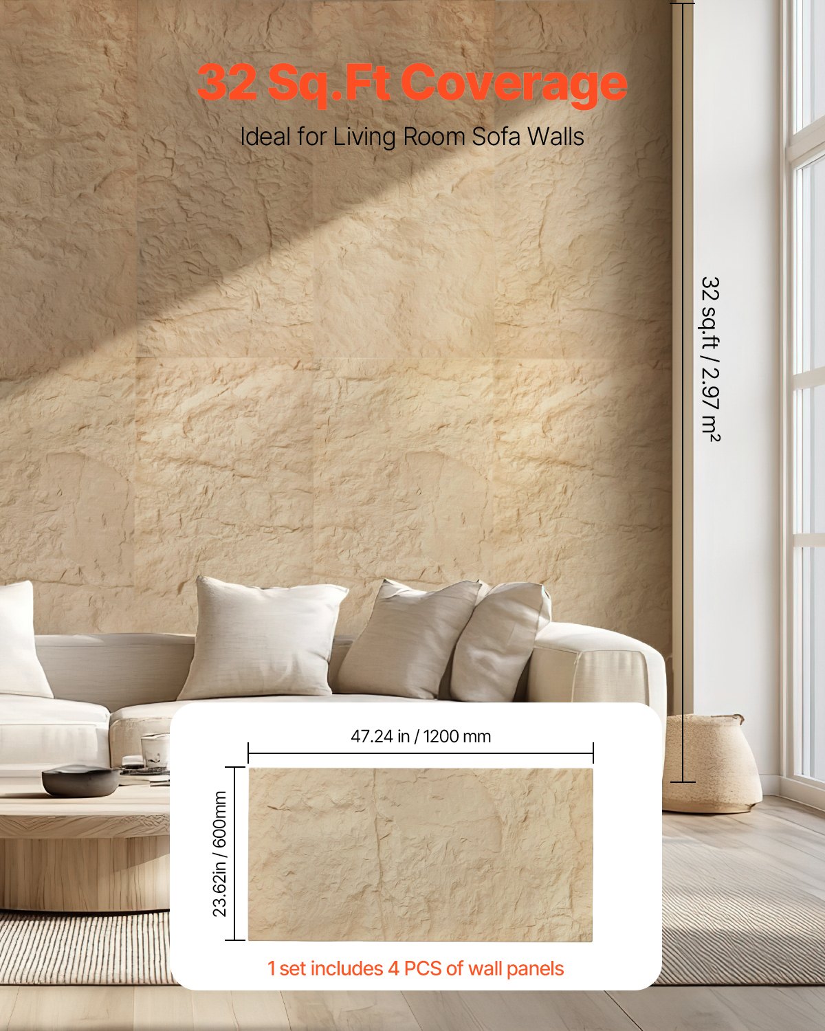 3D Wall Panels, 4 Pack 48 x 24 in PU Natural Stone Imitation Wall Art Tiles, 32 Sq.Ft Coverage Accent Wall Panel, Interior Home Decor for Ceiling, Bedroom, Living & Gaming Room, Stone Yellow