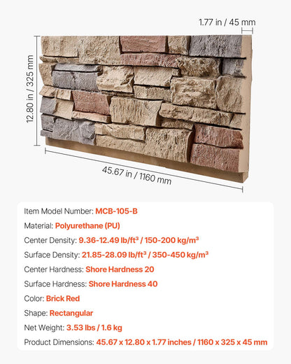 Faux Stacked Stone Panel, 45.6 x 12.8 in Artificial Stone Wall Panels, High-Density PU Stones Siding Panel, Easy to Cut, Rock Panels for Interior and Exterior Decorations, Brick Red