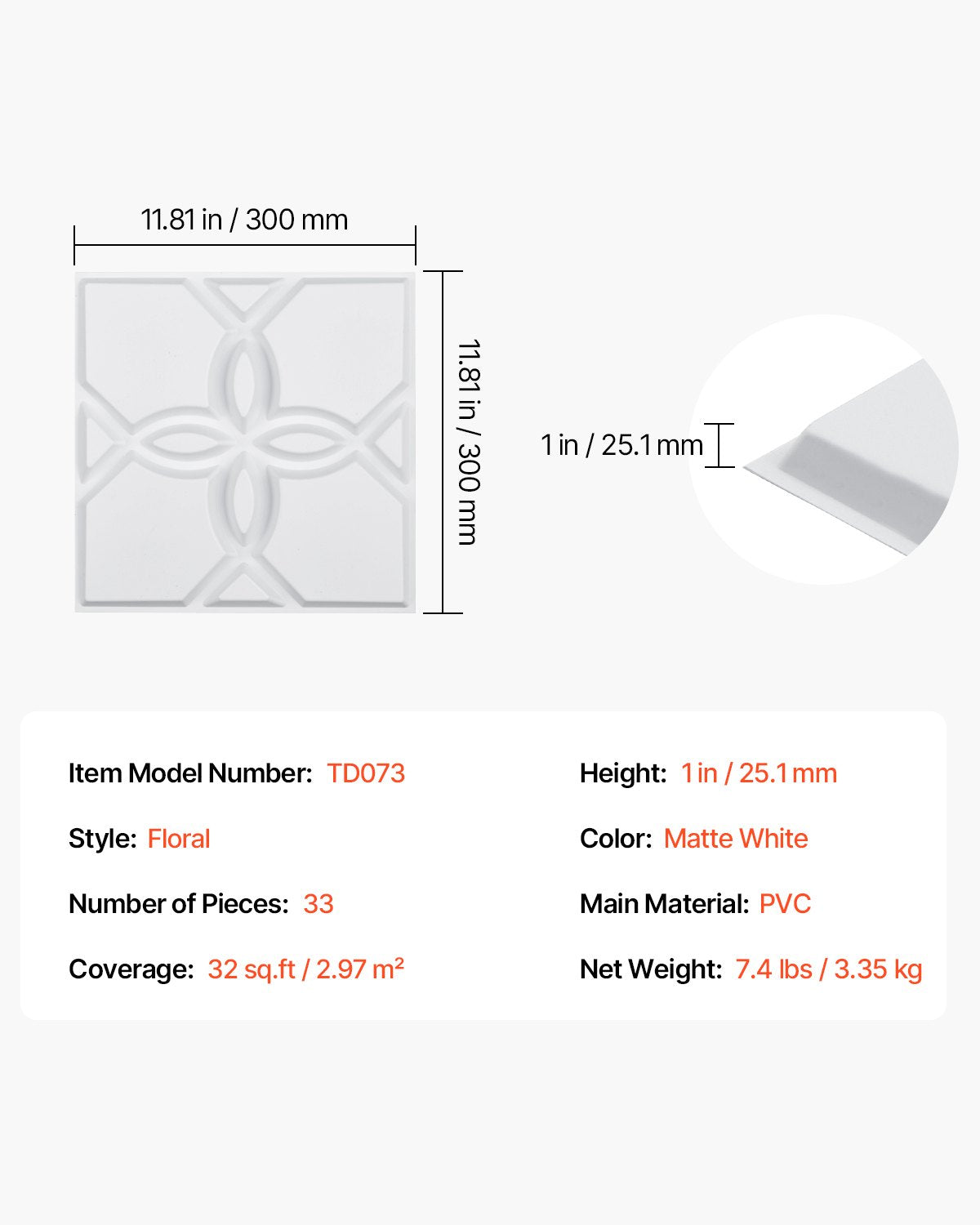 3D-Wandpaneele, 33er-Pack, 30 x 30 cm, PVC, 32 Quadratfuß Fläche, Blumenmuster, Weiß