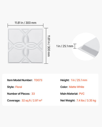 3D-Wandpaneele, 33er-Pack, 30 x 30 cm, PVC, 32 Quadratfuß Fläche, Blumenmuster, Weiß