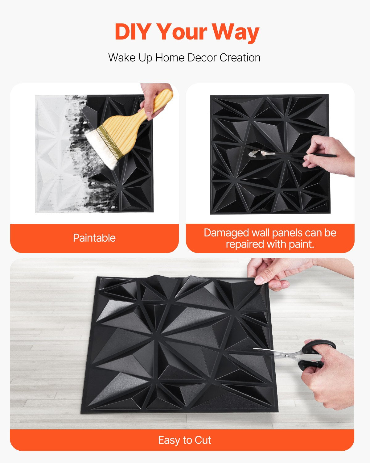 3D-Wandpaneele, 33er-Pack, 30 x 30 cm, PVC, 32 Quadratfuß Deckkraft, Diamantschwarz