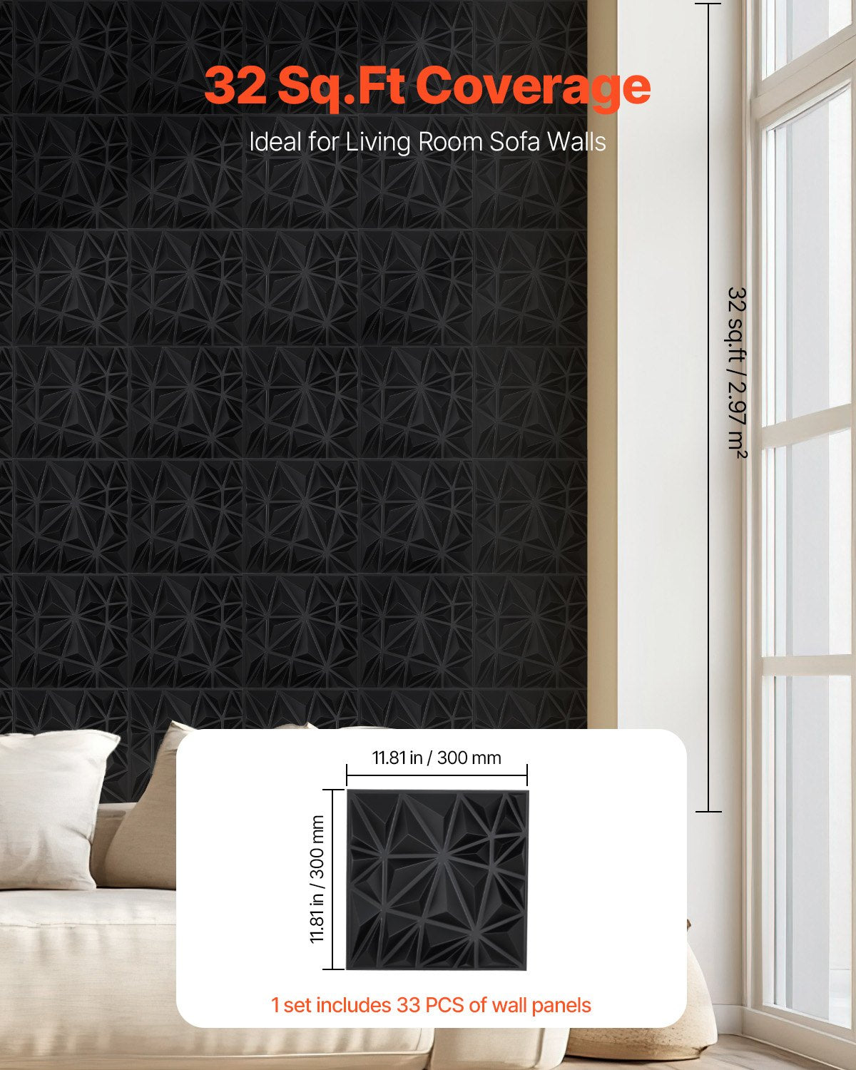 3D-Wandpaneele, 33er-Pack, 30 x 30 cm, PVC, 32 Quadratfuß Deckkraft, Diamantschwarz