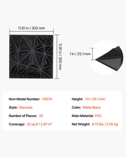 3D-Wandpaneele, 33er-Pack, 30 x 30 cm, PVC, 32 Quadratfuß Deckkraft, Diamantschwarz