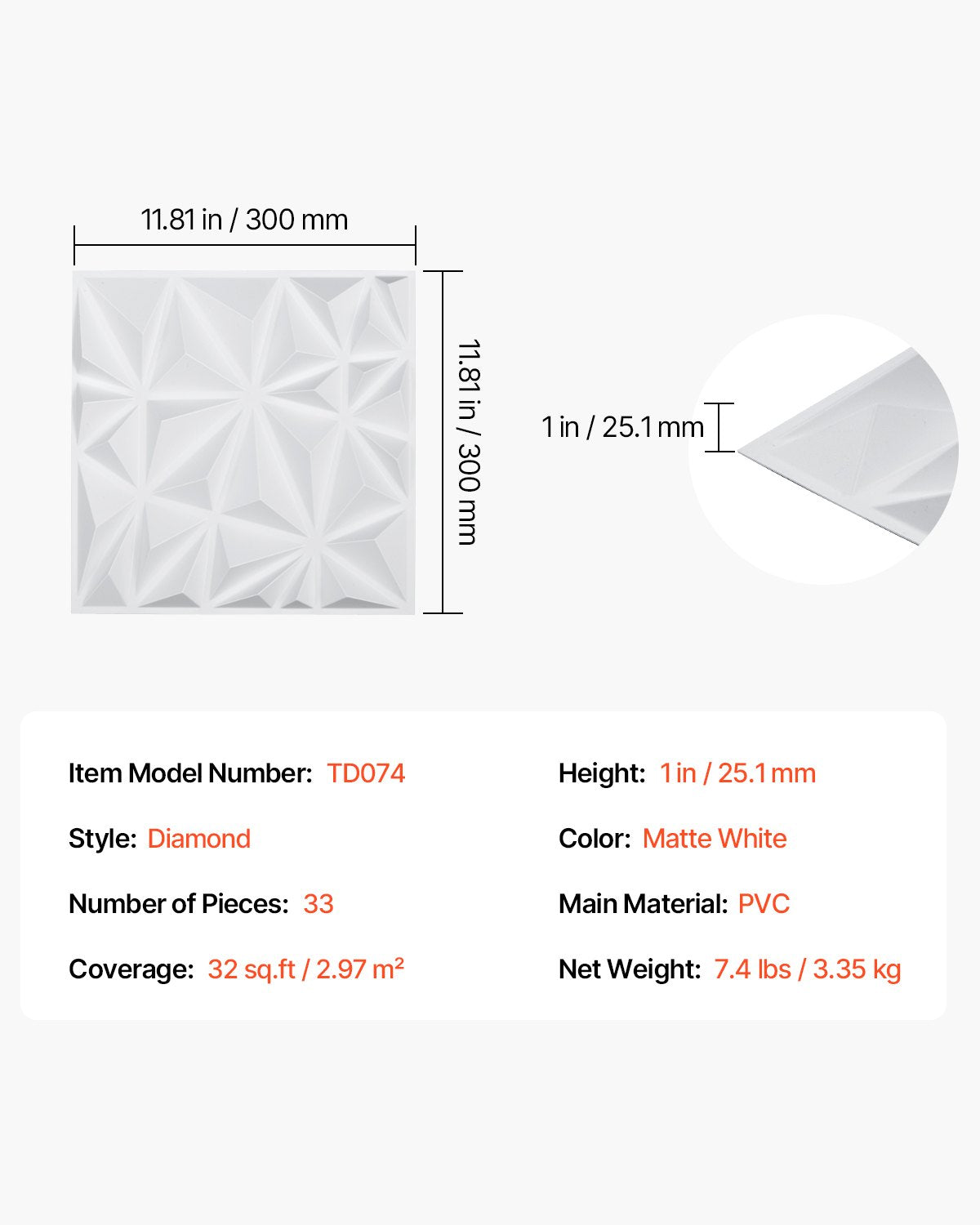 3D-Wandpaneele, 33er-Pack, 30 x 30 cm, PVC, 32 Quadratfuß Deckkraft, Diamantweiß