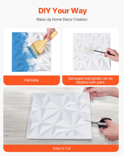 3D Wall Panels, 33-Pack 11.81 x 11.81 in PVC Modern Art Minimalist Diamond Tiles, 32 Sq.Ft Coverage Accent Wall Panel, Interior Home Decor for Ceiling, Bedroom, Living & Gaming Room, Matte White