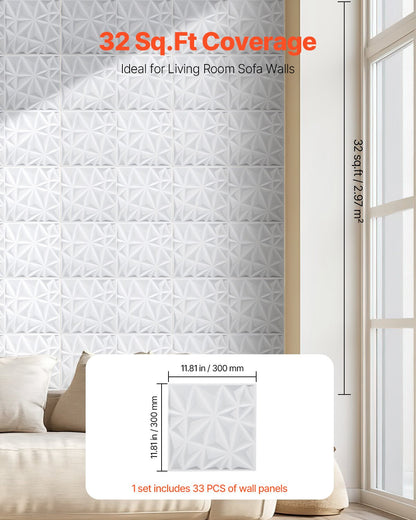 3D Wall Panels, 33-Pack 11.81 x 11.81 in PVC Modern Art Minimalist Diamond Tiles, 32 Sq.Ft Coverage Accent Wall Panel, Interior Home Decor for Ceiling, Bedroom, Living & Gaming Room, Matte White