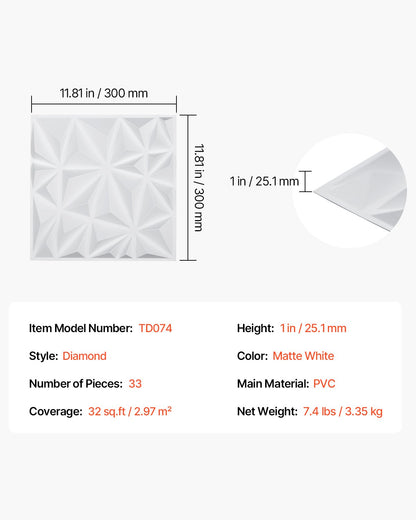 3D Wall Panels, 33-Pack 11.81 x 11.81 in PVC Modern Art Minimalist Diamond Tiles, 32 Sq.Ft Coverage Accent Wall Panel, Interior Home Decor for Ceiling, Bedroom, Living & Gaming Room, Matte White