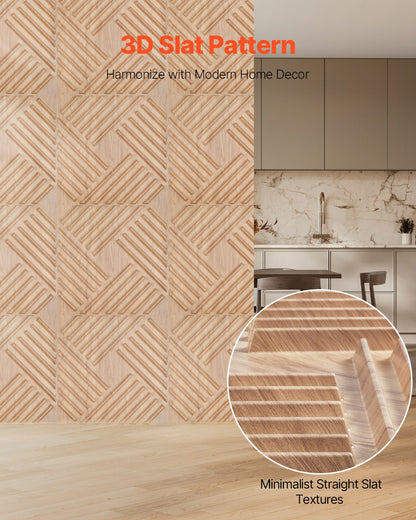 3D-Lamellen-Wandpaneele, 12er-Pack, 50 x 50 cm, PVC, 32 Quadratfuß Deckkraft, helles Holz