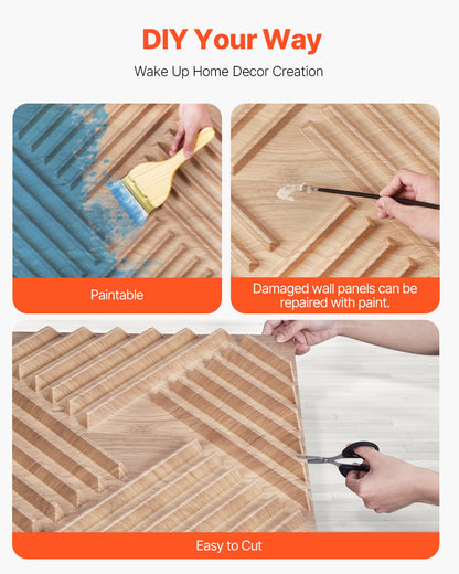 3D-Lamellen-Wandpaneele, 12er-Pack, 50 x 50 cm, PVC, 32 Quadratfuß Deckkraft, helles Holz