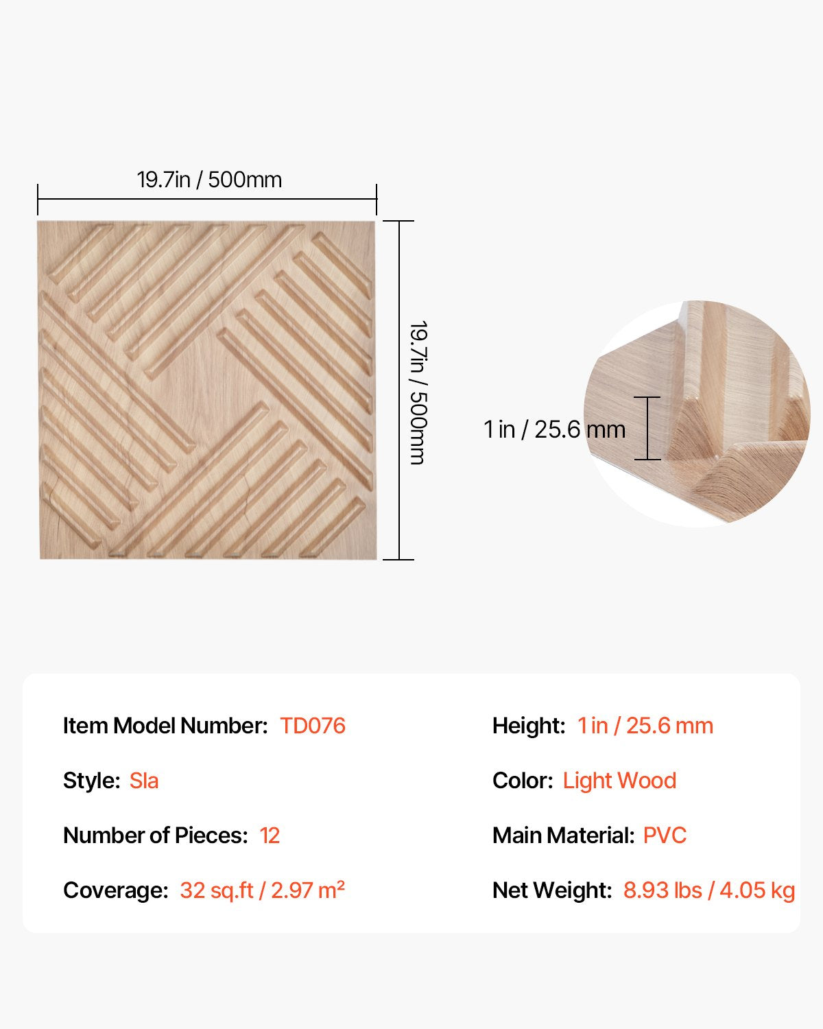 3D-Lamellen-Wandpaneele, 12er-Pack, 50 x 50 cm, PVC, 32 Quadratfuß Deckkraft, helles Holz