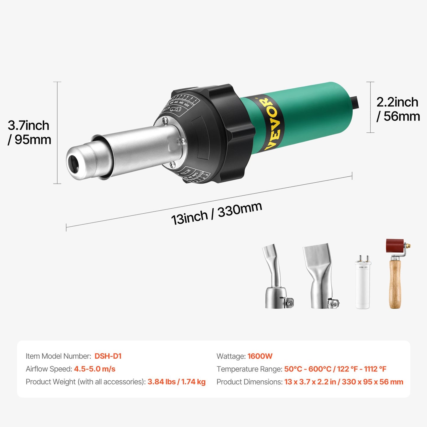 Hot Air Plastic Welder 1600 W PVC TPO Vinyl Heat Gun Flashlight &amp; 4 Accessories