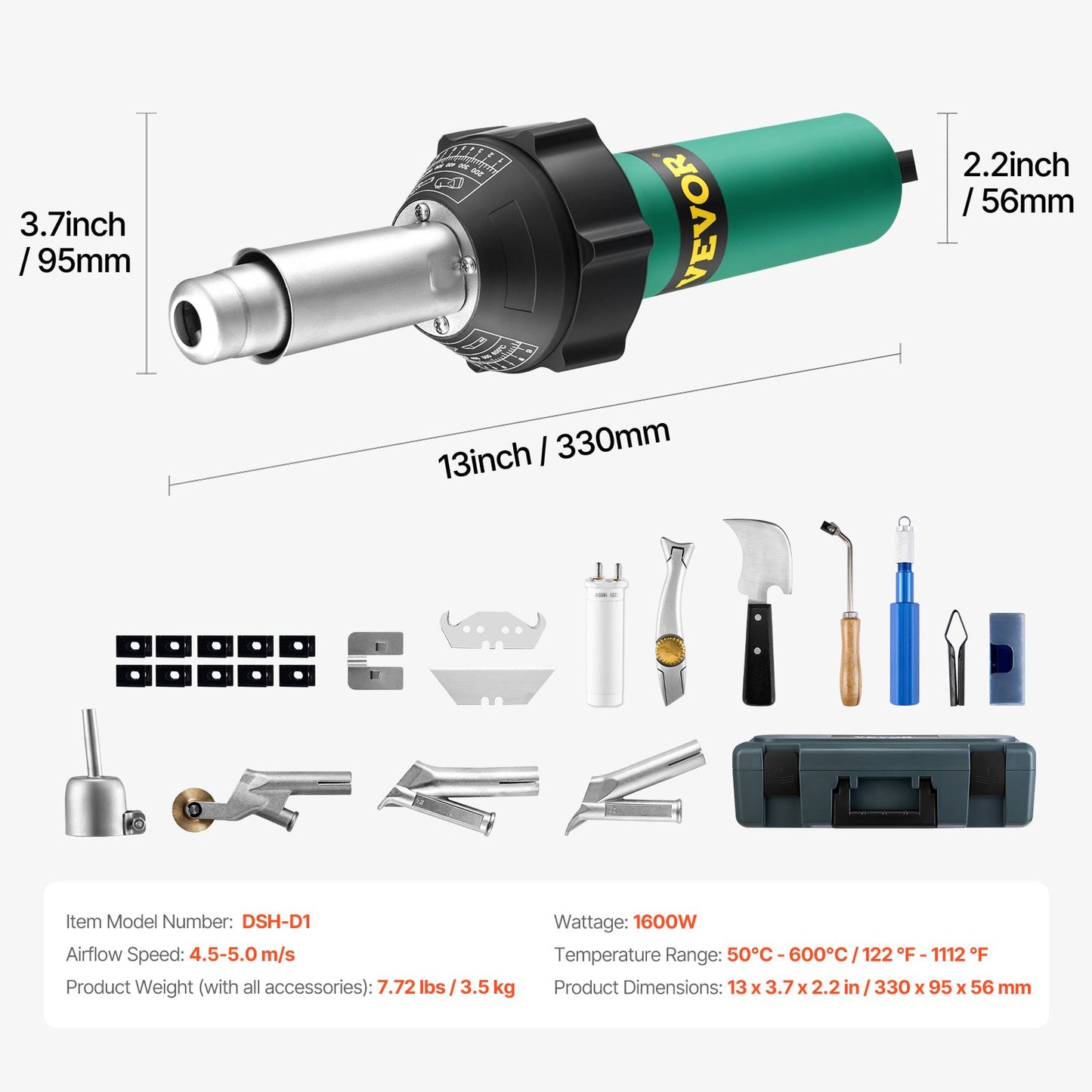 Varmluftsplastsvetsare 1600 W PVC TPO Vinyl Värmepistol Ficklampa & 14 tillbehör