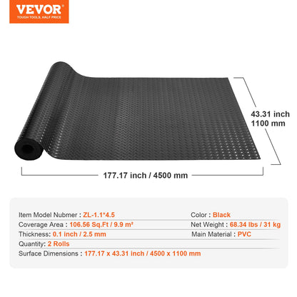Garage Floor Mat, 177.17 x 43.31 inch PVC Garage Flooring Roll, Non-slip Diamond Texture, 106.56 sq.ft Covering Space, Garage Mats for Under Cars, for Gyms Boats Car Trailer, Black