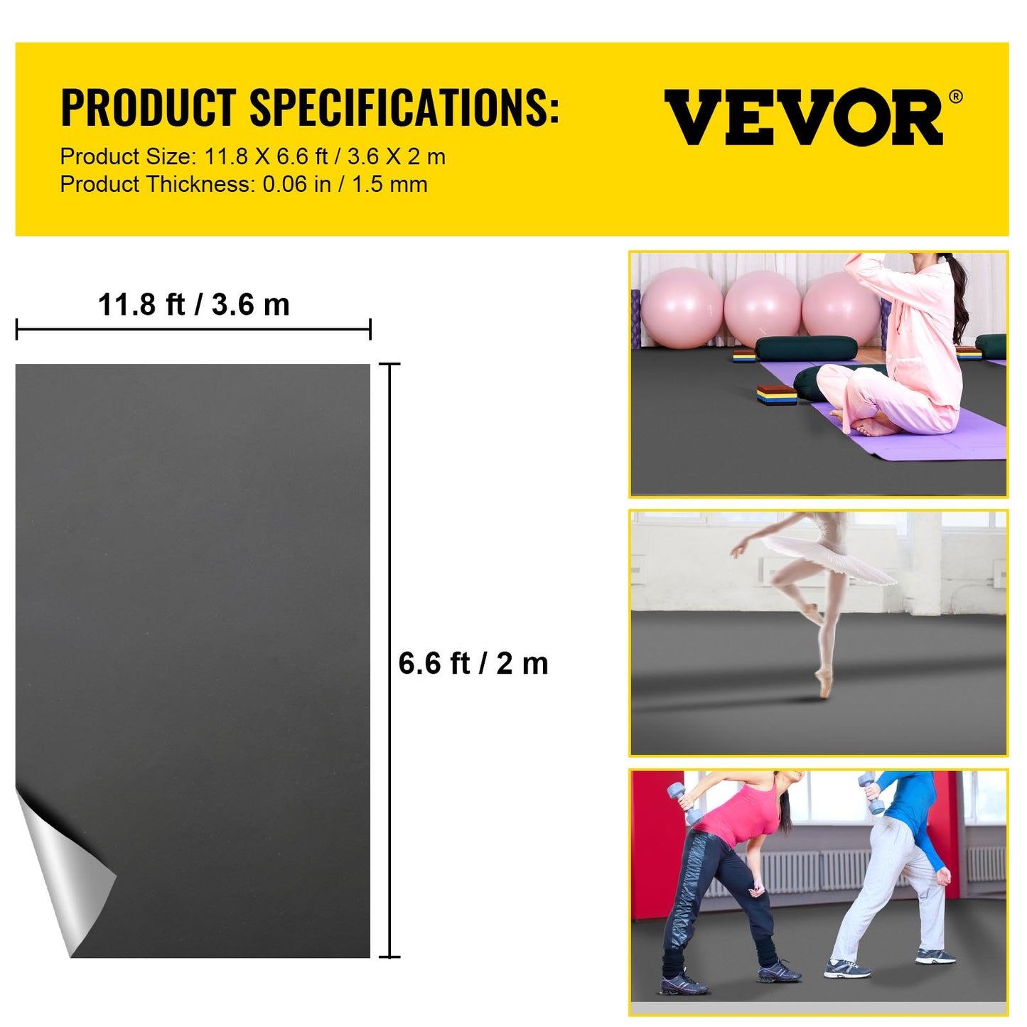 Dance Floor, 6.6x11.8ft Dance Floor Roll, 0.06in Thick PVC Vinyl Dance Floor, Black/Grey Reversible Portable Dance Floor, Non-Slip Dance Flooring, Ballet Dance Floor for Jazz, Pop, Lyrical Style