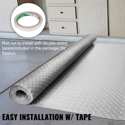 Garage Floor Mat 4.9x13ft Vinyl Garage Flooring Roll Anti-Slide Diamond Texture Silver Garage Mats for Under Car 63.7sqft Covering Space DIY PVC Garage Floor Mat for Gyms Boats Car Trailer
