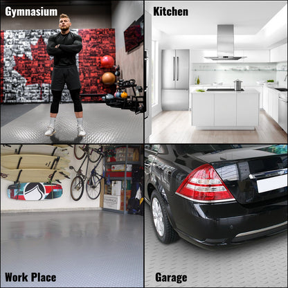 Garage Floor Mat 4.9x13ft Vinyl Garage Flooring Roll Anti-Slide Diamond Texture Silver Garage Mats for Under Car 63.7sqft Covering Space DIY PVC Garage Floor Mat for Gyms Boats Car Trailer