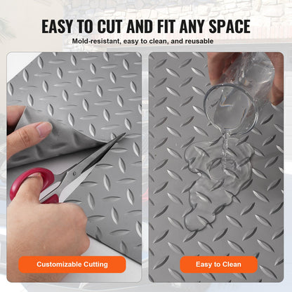 Garage Floor Mat 4.9x19ft Vinyl Garage Flooring Roll Anti-Slide Diamond Texture Gray Garage Mats for Under Car 93 sqft Covering Space DIY PVC Garage Floor Mat for Gyms Boats Car Trailer