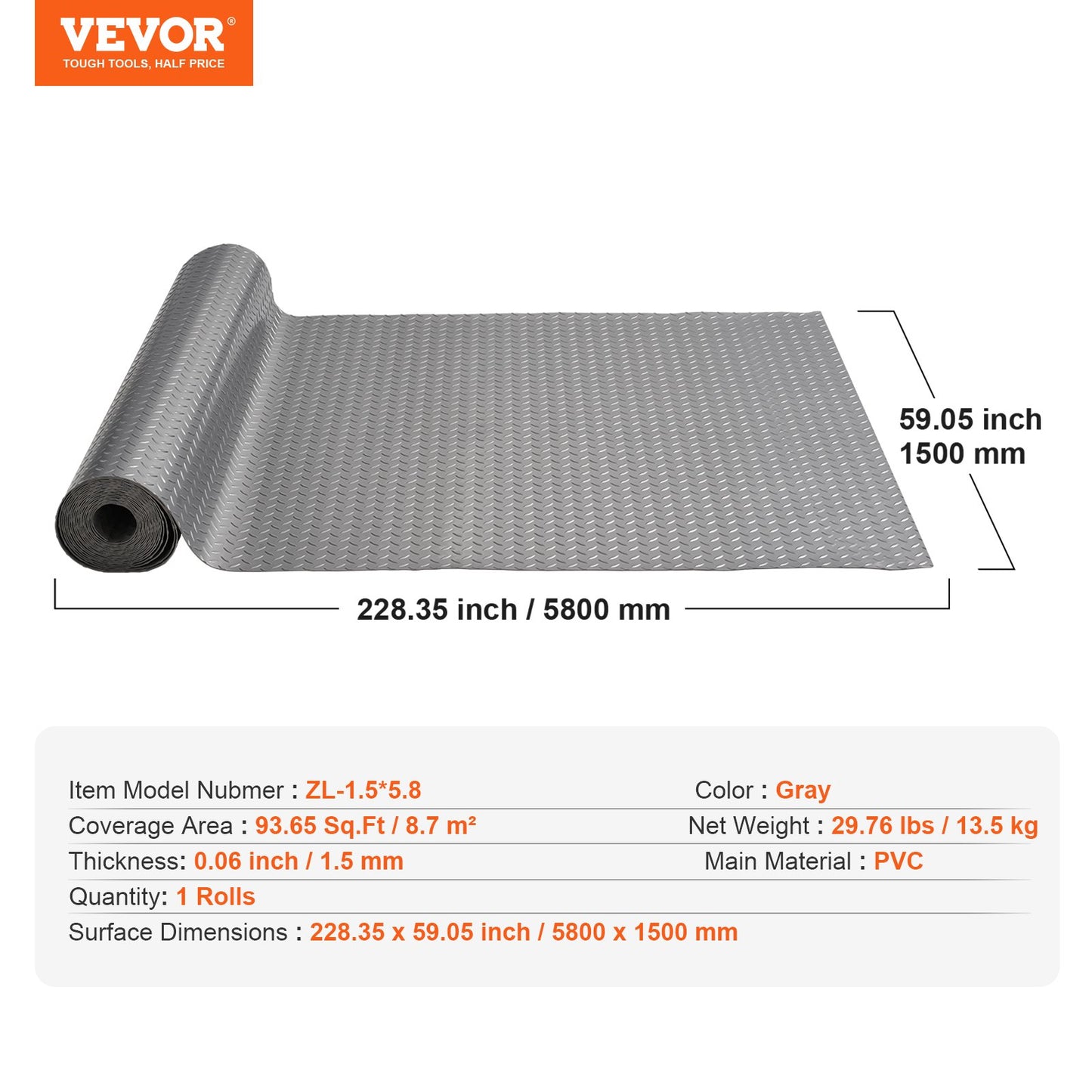 Garage Floor Mat 4.9x19ft Vinyl Garage Flooring Roll Anti-Slide Diamond Texture Gray Garage Mats for Under Car 93 sqft Covering Space DIY PVC Garage Floor Mat for Gyms Boats Car Trailer