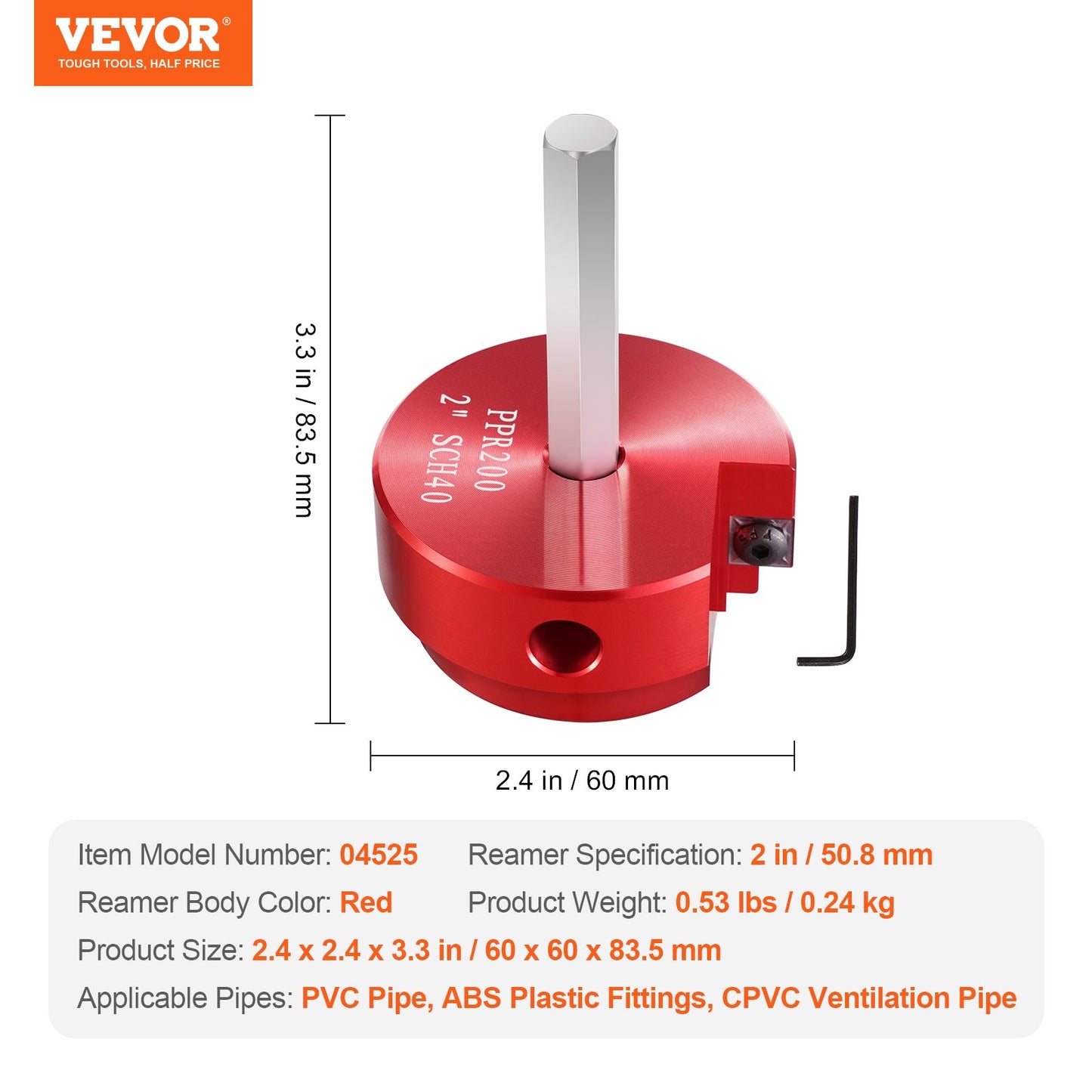 2 In PVC Pipe Reamer, Aluminum Alloy, PVC Pipe Fitting Saver, for Use with SCH 40 ABS, PVC, CPVC Pipes, Clean Leftover Pipe & Solvent Cement Remnants, for Water Lines, Drain Lines, Vent Lines