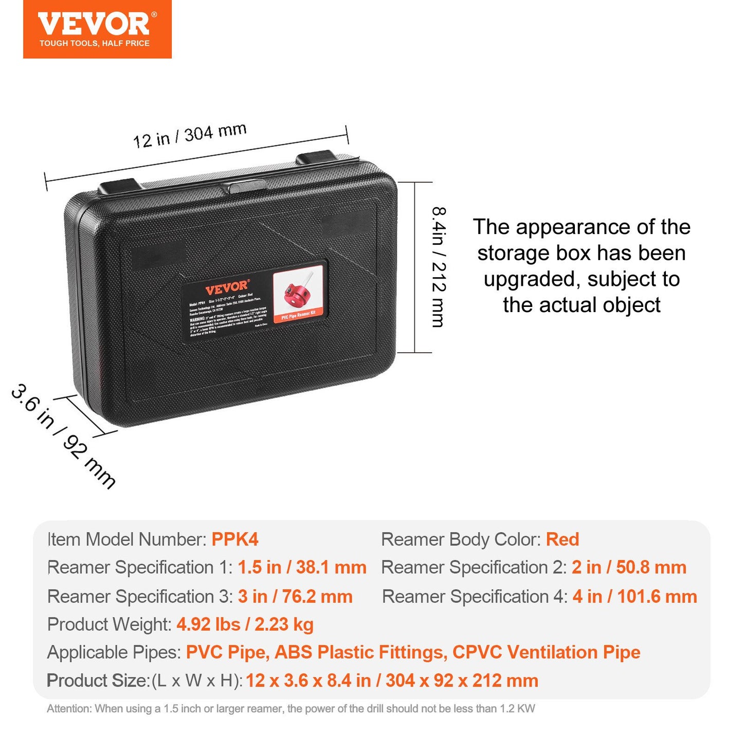4Pcs PVC Pipe Reamer Kit, Plastic Pipe Fitting Socket Saver Tool Kit, Includes 1-1/2", 2", 3", 4", for PVC, CPVC, and ABS Fittings, with Tool Box, for Exhaust, Drain, Water Pipes Cleaning