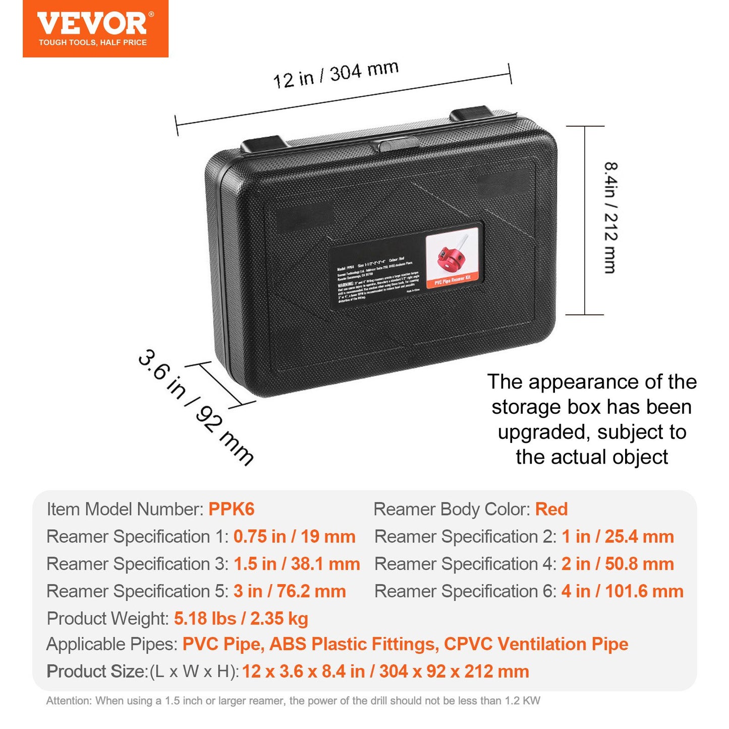 6Pcs PVC Pipe Reamer Kit, Plastic Pipe Fitting Socket Saver Kit, Includes 3/4", 1", 1-1/2", 2", 3", 4'', for PVC, CPVC, ABS Fittings, with Tool Box, for Exhaust, Drain, Water Pipes Cleaning