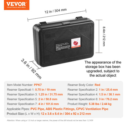 7Pcs PVC Pipe Reamer Kit, Plastic Pipe Fitting Socket Saver Kit, Includes 3/4", 1", 1-1/4'', 1-1/2", 2", 3", 5'', for PVC, CPVC, and ABS Fittings, for Exhaust, Drain, Water Pipes Cleaning