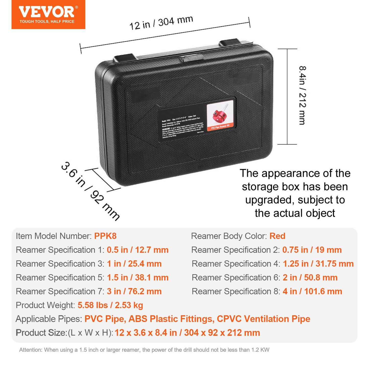 8Pcs PVC Pipe Reamer Kit, 8-Piece, Plastic Pipe Fitting Socket Saver Kit, Includes 1/2'', 3/4", 1", 1-1/4'', 1-1/2", 2", 3", 4'', for PVC, CPVC, ABS Fittings, for Exhaust, Drain, Water Pipes Cleaning