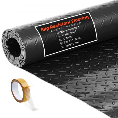 Garage Floor Roll, 4 x 10 ft Garage Flooring Mat, 2.2 mm Thickened PVC Diamond Plate Floor Protector Mat with Double-sided Tape, Non-Slip, Easy to Clean for Warehouse, Gyms, Trailer, Black