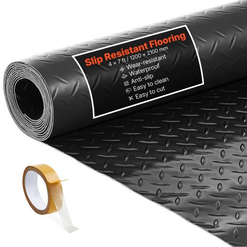 Garage Floor Roll, 4 x 7 ft Garage Flooring Mat, 2.2 mm Thickened PVC Diamond Plate Floor Protector Mat with Double-sided Tape, Non-Slip, Easy to Clean for Warehouse, Gyms, Trailer, Black