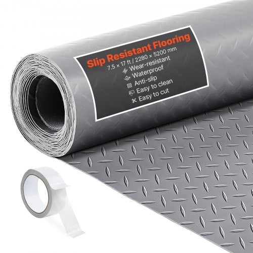 Garage Floor Roll, 7.5 x 17 ft Garage Flooring Mat, 2.2 mm Thickened PVC Diamond Plate Floor Protector Mat with Double-sided Tape, Non-Slip, Easy to Clean for Warehouse, Gyms,Silver Gray