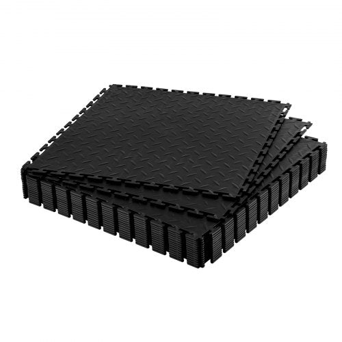 Garage Floor Tiles Interlocking, 16 Pack 20.2 x 20.2 x 0.2 in Interlocking Modular Garage Flooring Tiles, Diamond Plate Slip-Resistant PVC Mats for Workshop,Warehouse,Tool Room, Black