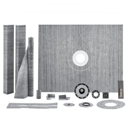 Shower Curb Kit, 60"x48" Shower Pan Kit with 2" PVC Central Flange, Waterproof Membrane, Stainless Steel Grate and Joint Sealant, Shower Pan Slope Sticks Fit for Bathroom