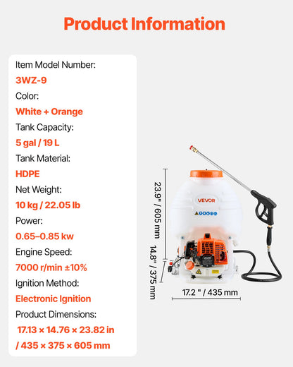 Gas Powered Backpack Sprayer, 26.5CC 0.9HP Engine, Garden Sprayer with 5 Gallon Tank, Large Area Coverage, Lawn Spraying Machine with 24 in Wand & Nozzles for Efficient Gardening & Farming