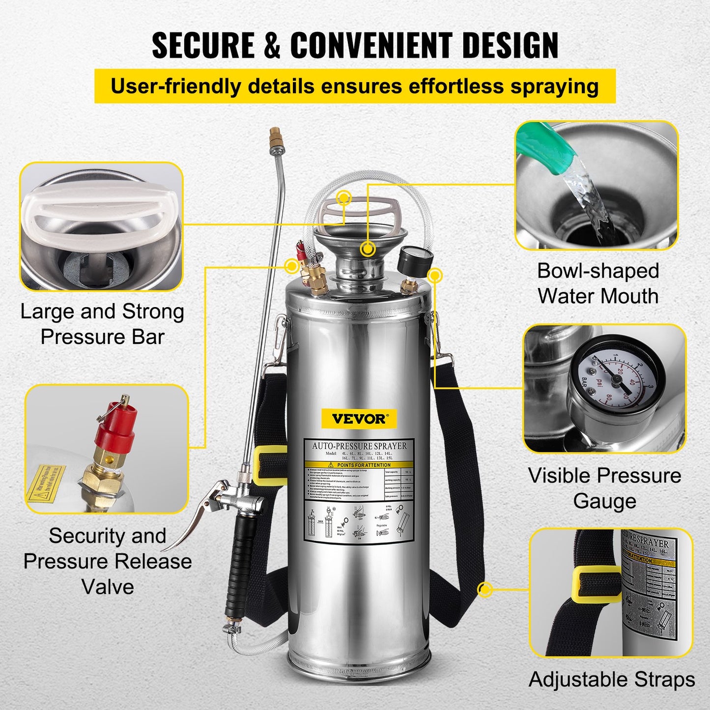 3 Gallon Stainless Steel Sprayer, 20" Wand & 3FT Reinforced Hose, Hand Pump Sprayer with Pressure Gauge, Safety Valve & Adjustable Nozzle, Garden Weed Sprayer for Lawn, Gardening & Sanitizing