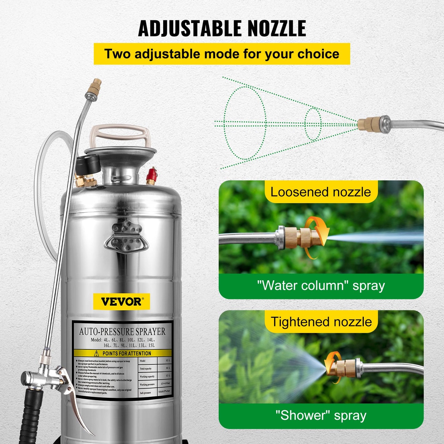 3.5Gal Stainless Steel Sprayer,l Set with 20\" Wand& Handle& 3FT Reinforced Hose, Hand Pump Sprayer with Pressure Gauge&Safety Valve, Adjustable Nozzle Suitable for Gardening& Sanitizing